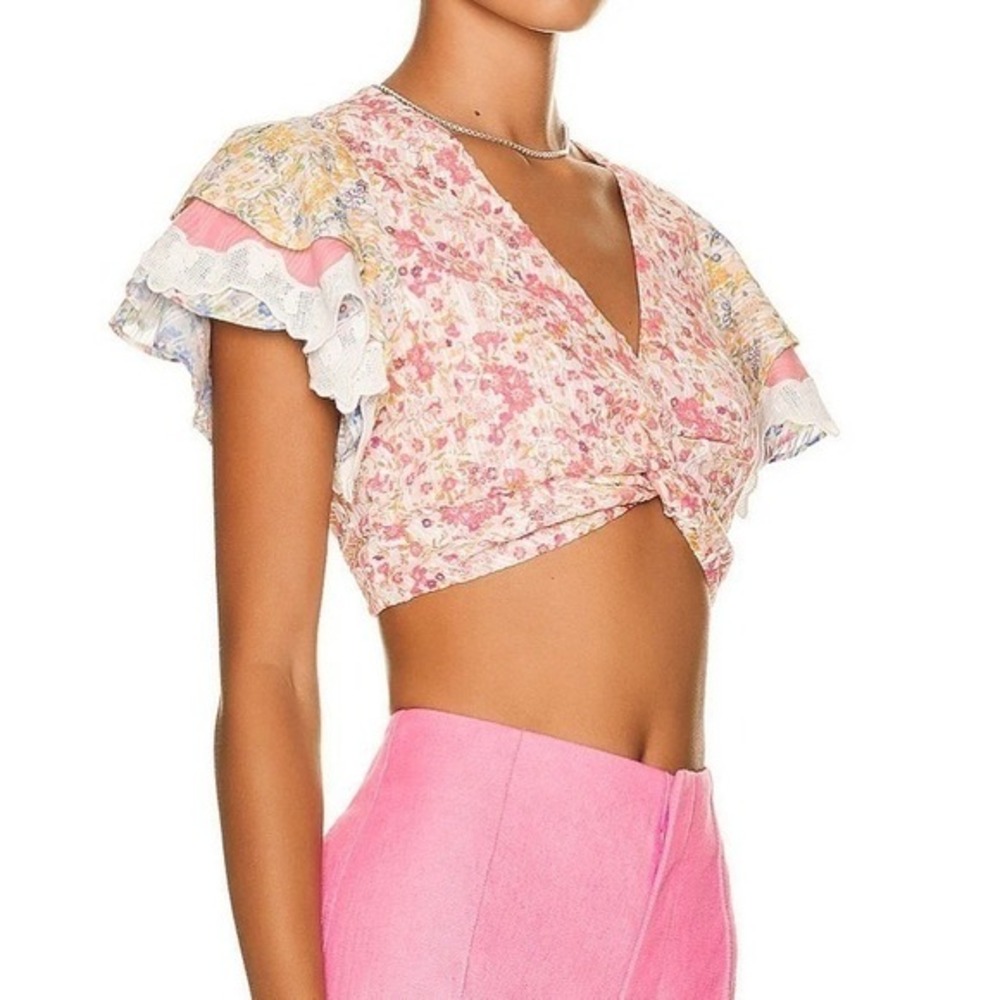 LoveShackFancy Kielle Crop Top Size Medium Pink Floral Twist Front Ruffle Sleeve - Picture 2 of 11